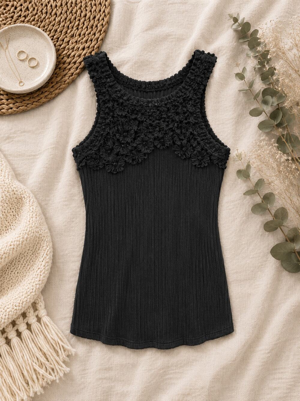 by Anthropologie Ribbed Crochet Applique Sleeveless Tank Top Black Fairycore XS